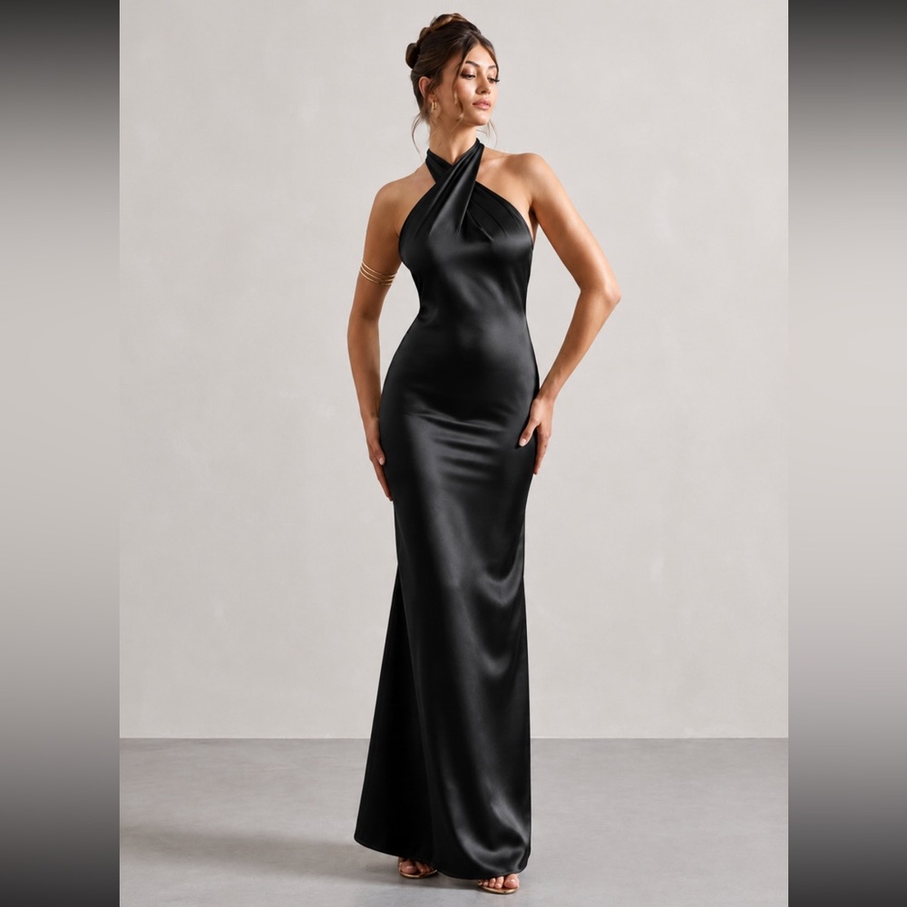 Club L London Black Satin Cross Over Halter Maxi NWT